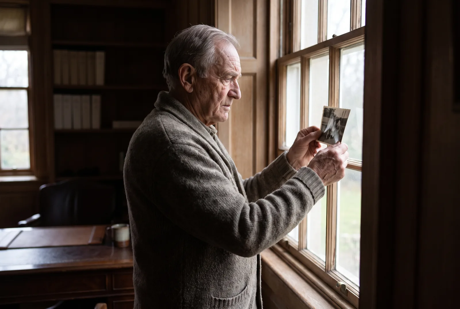An older man beside a window holding a black and white family photograph up to the daylight