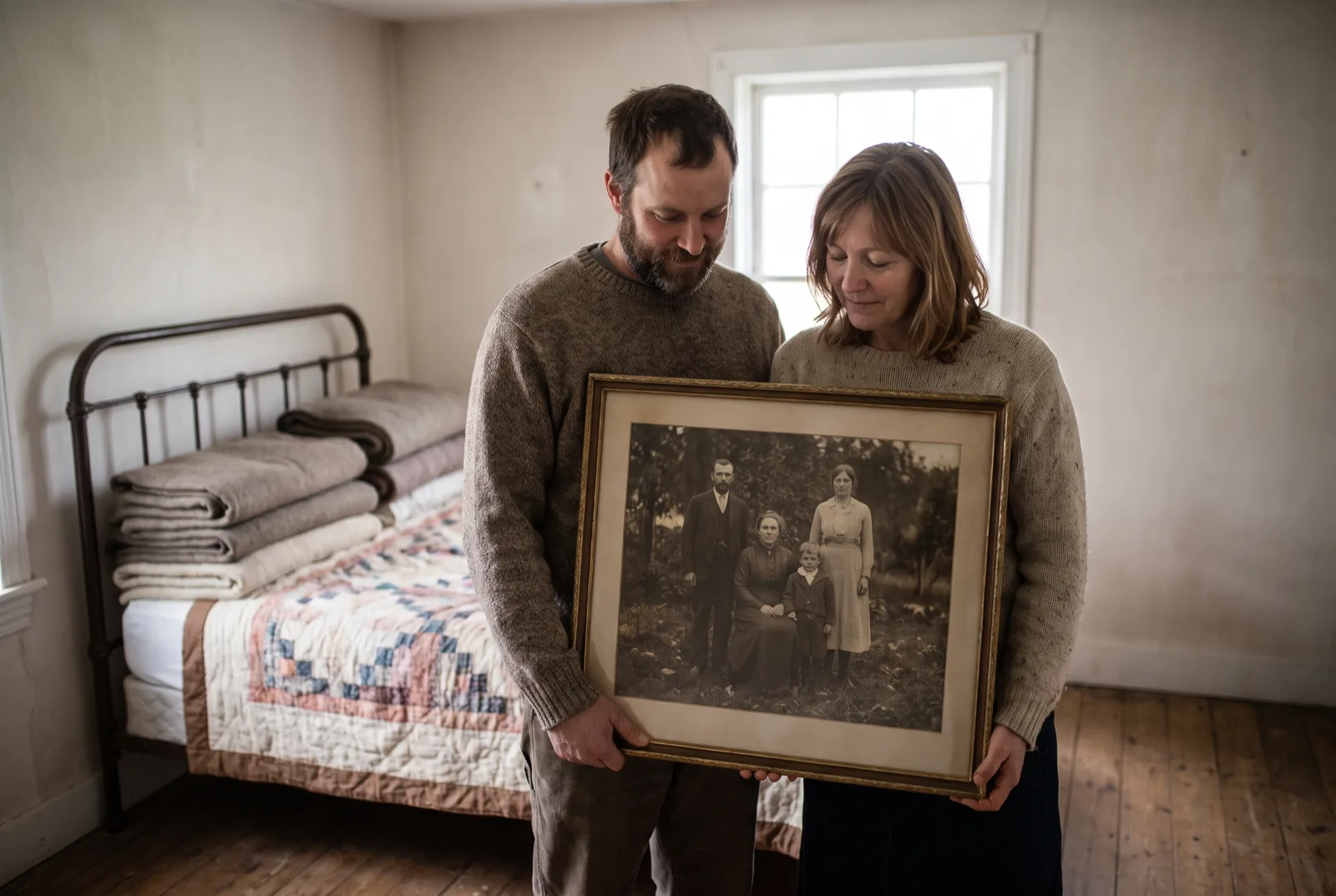 A brother and sister holding a large framed family portrait between them in a nearly empty bedroom