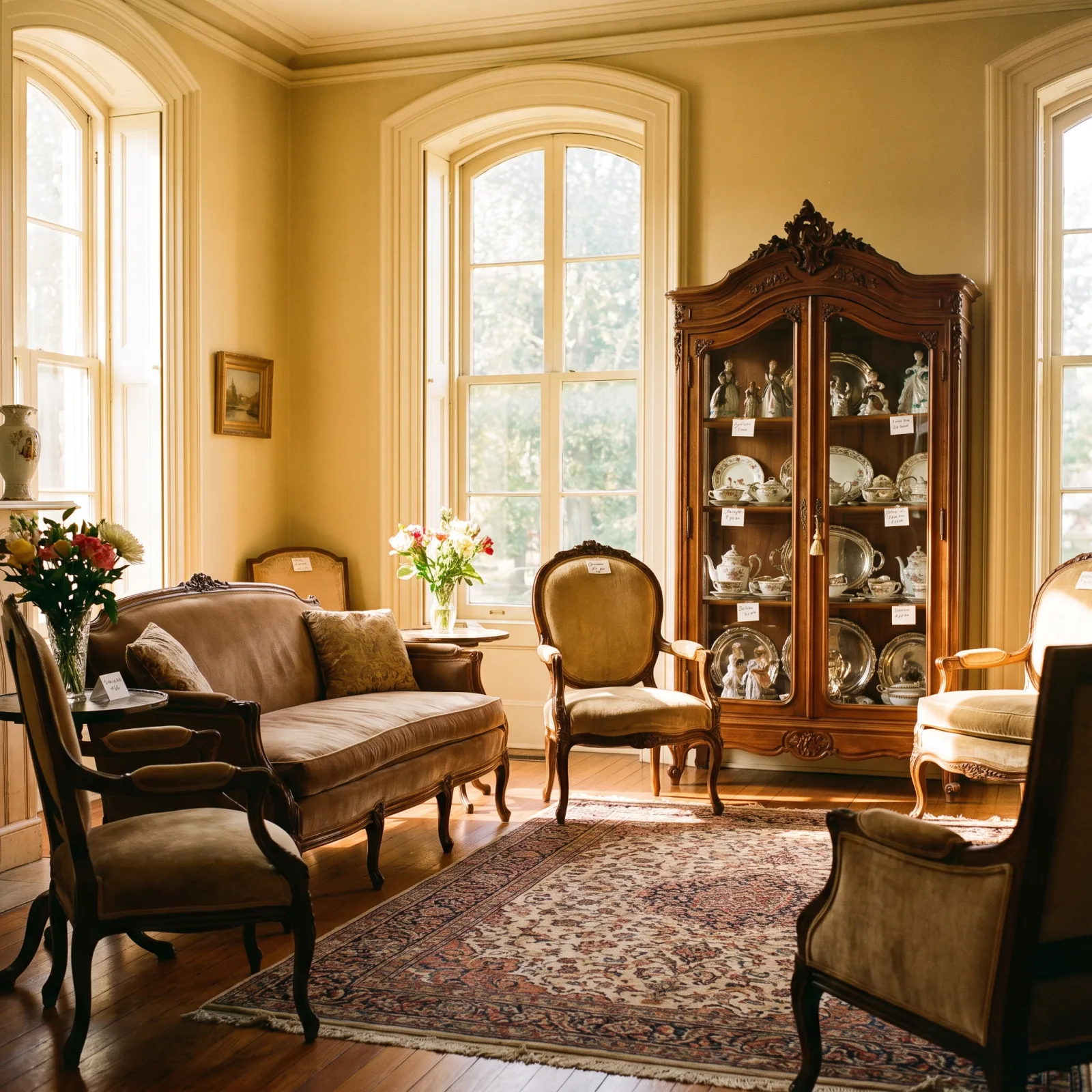 Elegant staged living room set up for an in-home estate sale with antique furniture and price tags