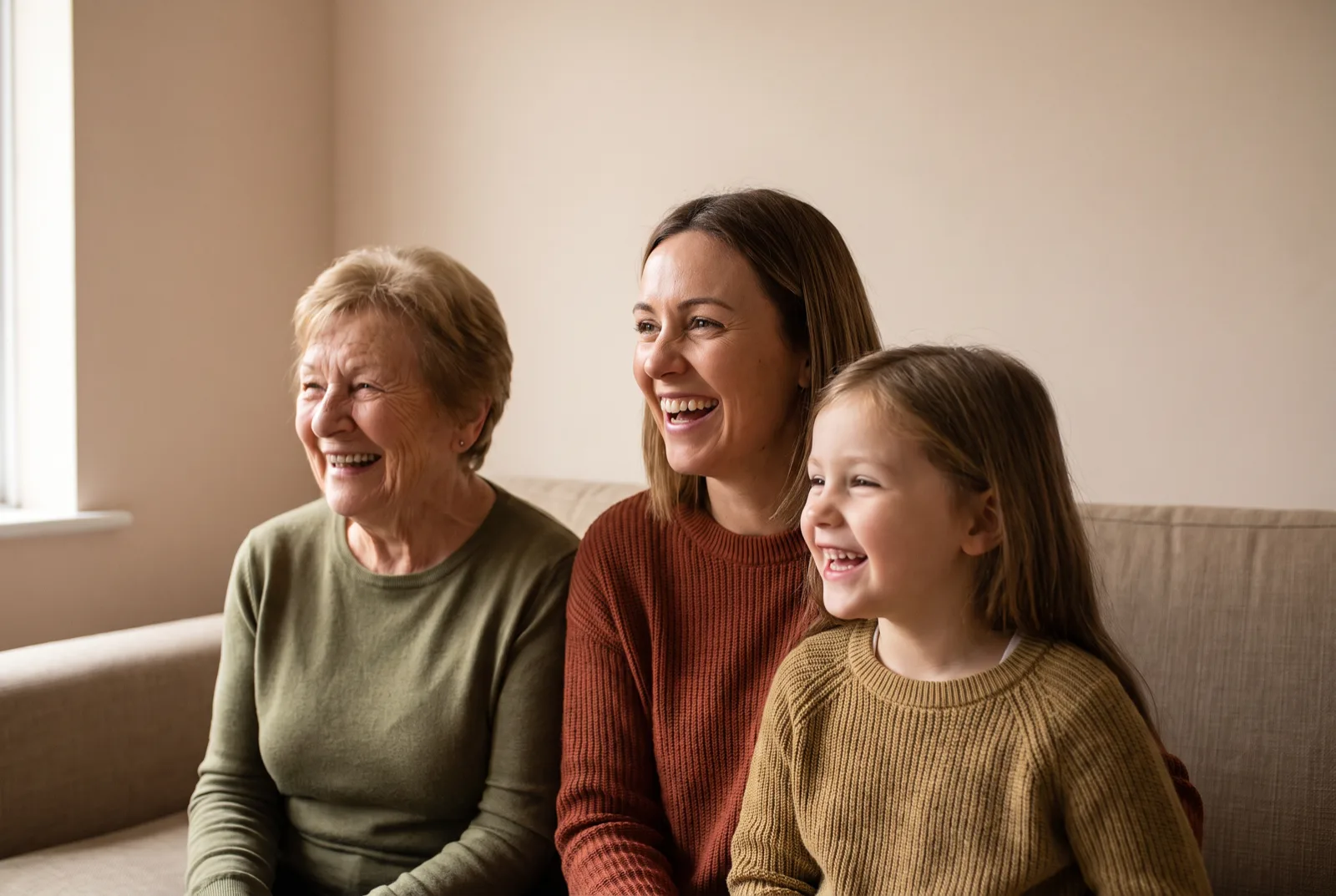 Three generations of one family — grandmother, daughter, and granddaughter — laughing together on a sofa